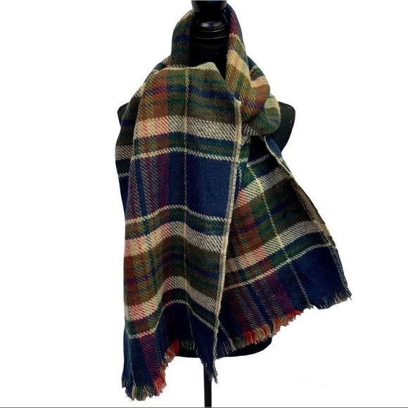 Navy blue forest green red beige plaid check soft warm fall winter blanket scarf - Picture 3 of 7